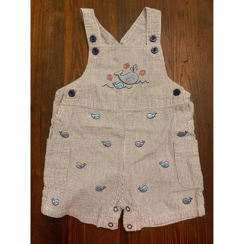 Nursery Rhyme baby boy overalls, whale ocean embroidery, size 6/9 months (bin D)
